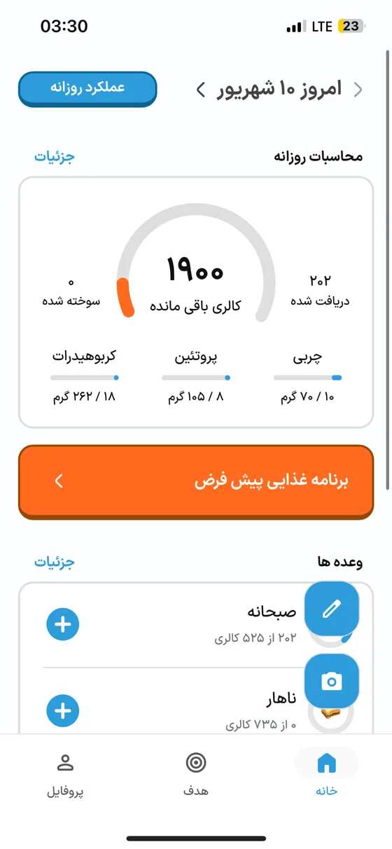 نمای واقعی اپ هویج؛ کالری روزانه، ماکروها و وعده‌های غذایی